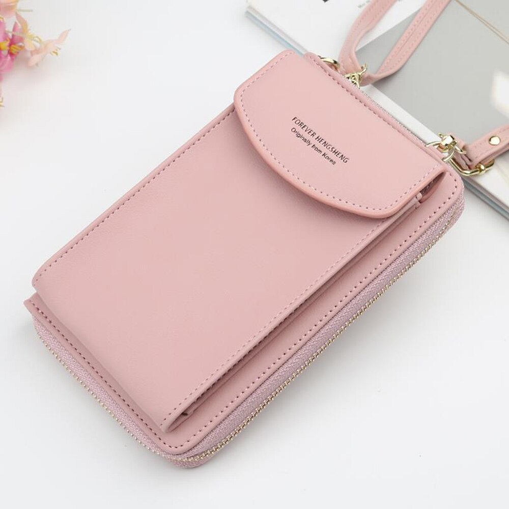 Women Wallet Solid Leather Shoulder Straps Shoulder Bag Mobile Phone Big Card Holders Wallet Handbag Pockets girls: Light Pink