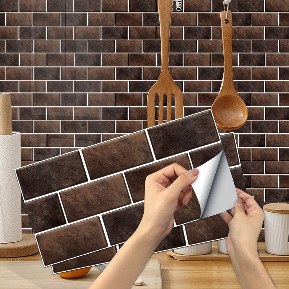 Decoración de pared de cerámica Retro europea, pegatinas autoadhesivas a prueba de aceite para azulejos de baño, impermeables, Marrón sólido