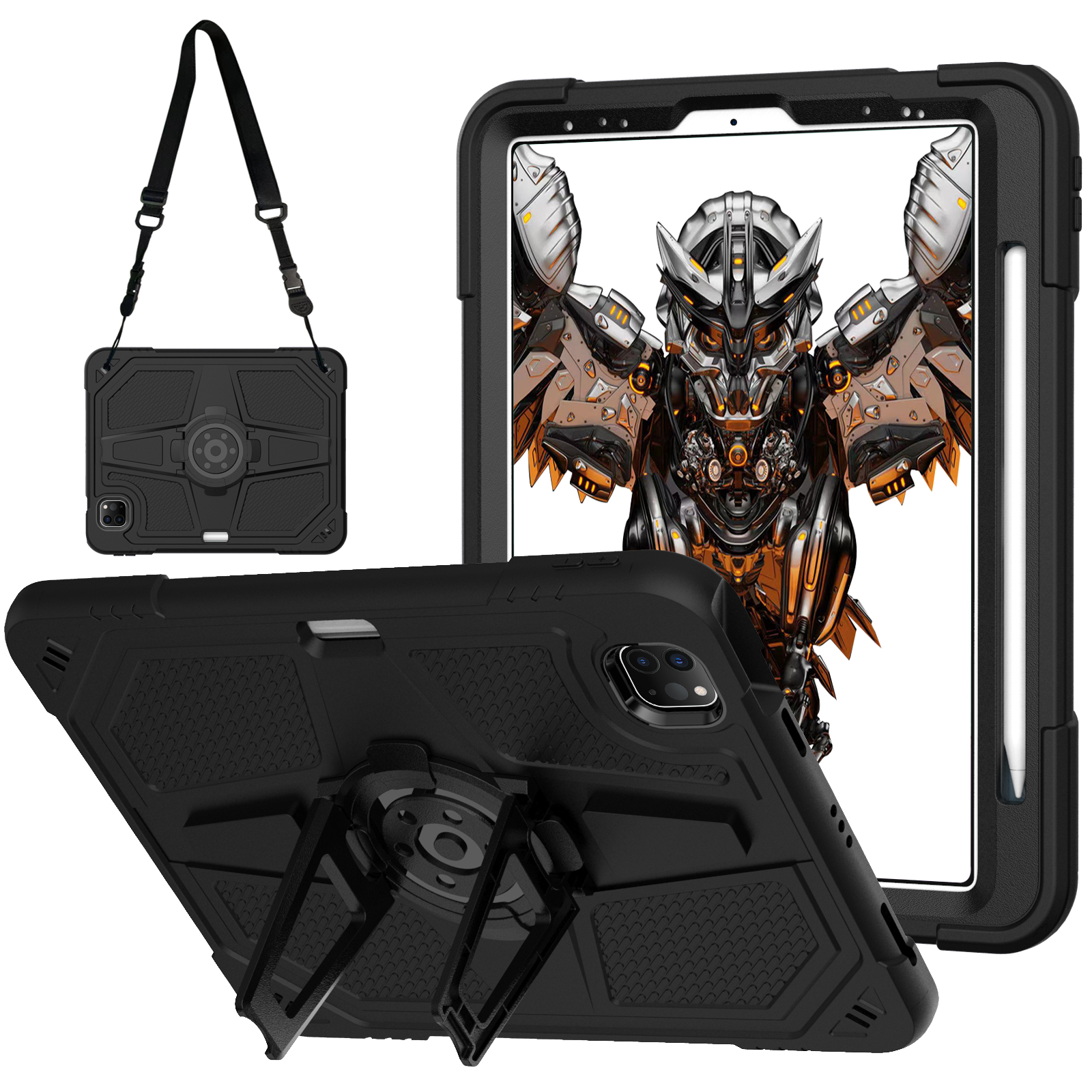 Case For iPad Air 4 5 10.9 inch Pro 11 PC Silicone Folding Built-in Kickstand Cover Shoulder Strap Pen Slot: black