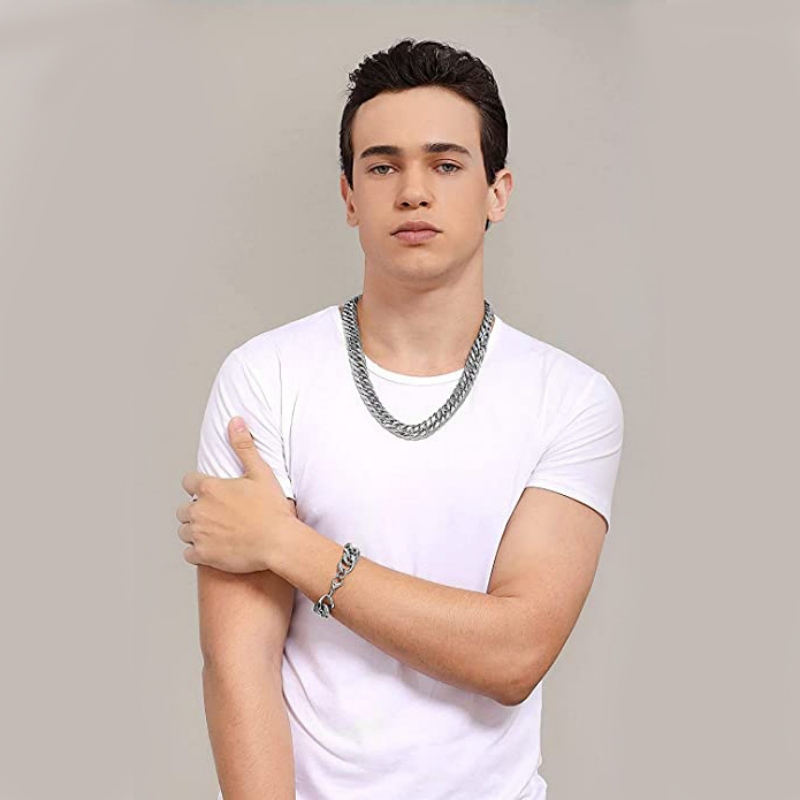 HNSP-collar de cadena cubana de acero inoxidable para hombre, pulsera para cuello, Color plateado, cadenas de mano largas de 8MM-14MM de grosor, masculino