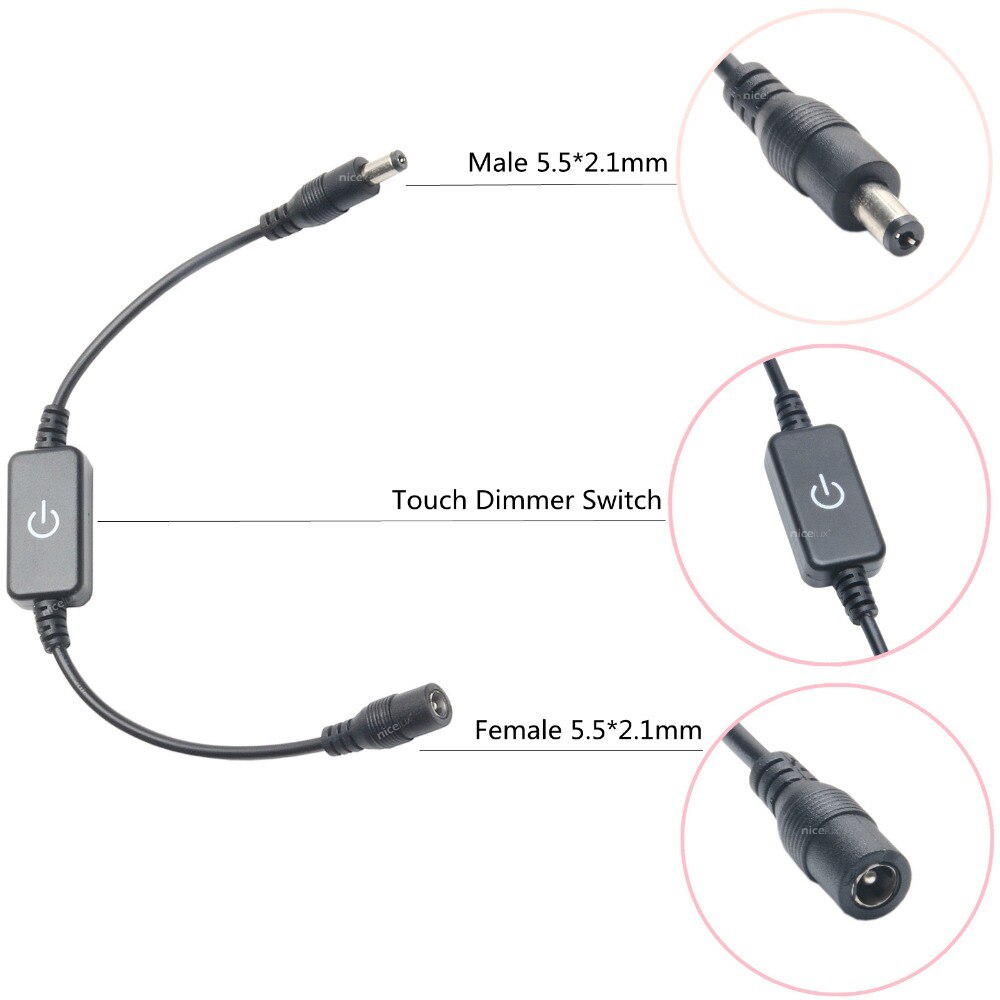 Variateur de luminosité avec prise mâle femelle DC 12V-24V 3A, noir et blanc, pour lampe à bande