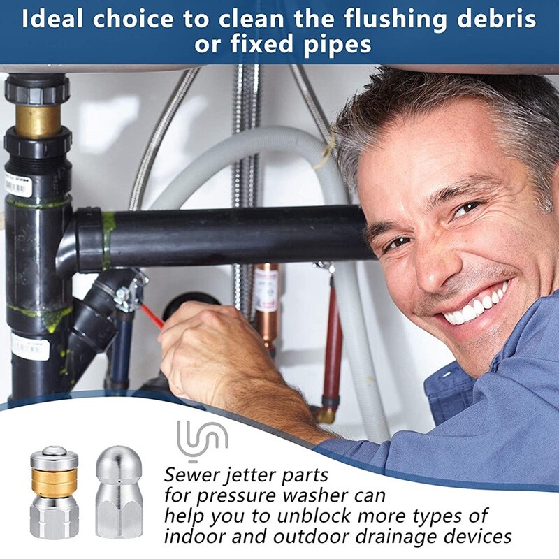 Sewer Jetter Hose Nozzle,High Pressure Washer Hose Nozzle,1 Button Nose Nozzle &amp; 1 Rotating Nozzle,1/4 Inch Pack Of 2