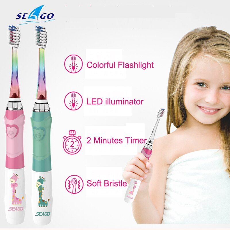 Seago-cepillo de dientes eléctrico para niños, linterna LED de colores, 16000 golpes, resistente al agua, alimentado por batería