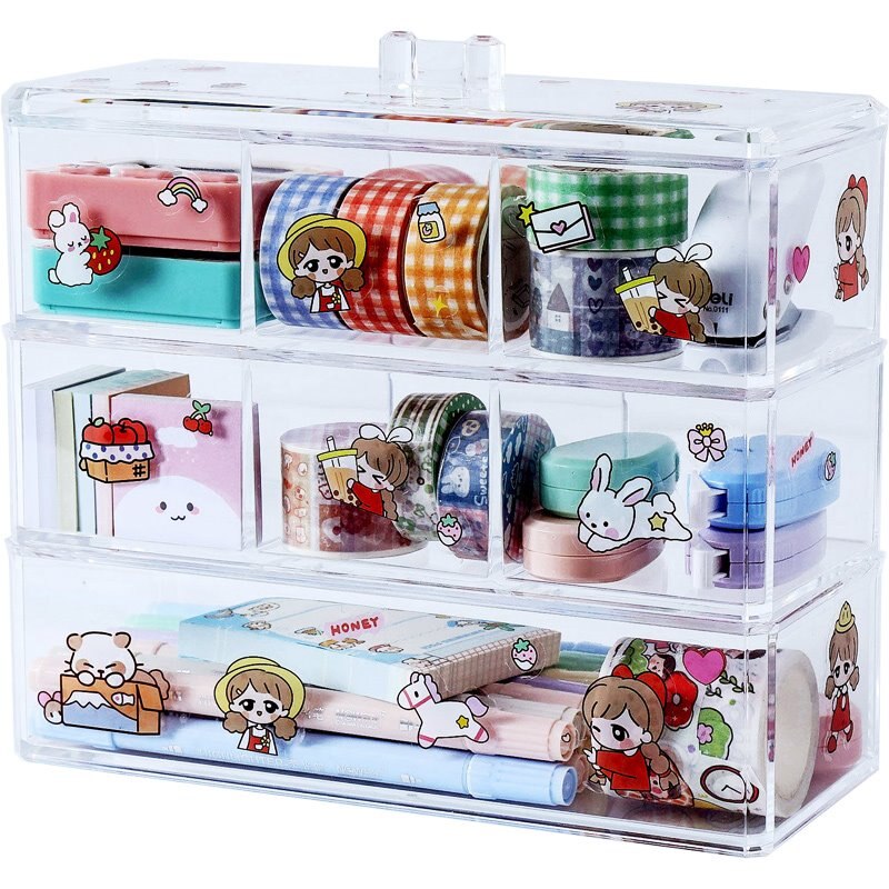 Transparent Desk Organizer Stationery Sundries Makeup Pencil Tape Stackable Plastic Storage Box School Office Stationery Holder