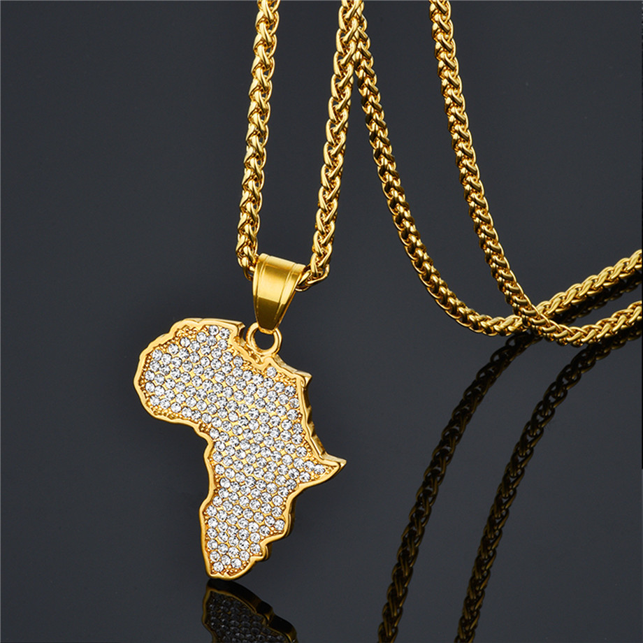 Collar con colgante de mapa de África para mujer y hombre, joyería etíope de acero inoxidable de Color dorado, artículo de hip hop de mapas africanos al por mayor N1279
