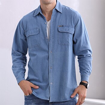 Herre blå denim skjorte med brystlommer med lange ærmer afslappet jean skjorter til mænd cowboy skjorte: Lys denimblå / S