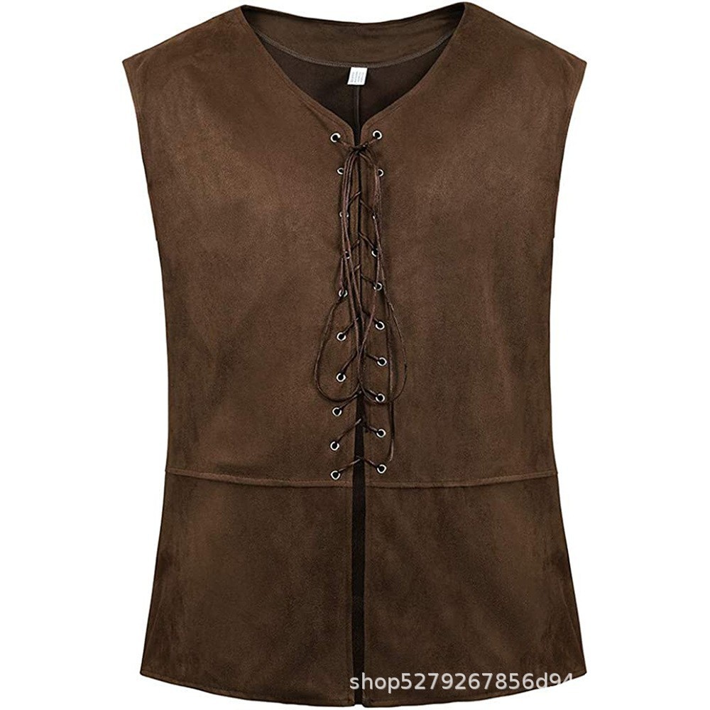 Middeleeuws renaissance vest van suède leer voor heren, mouwloos vest met veters voor historische, LARP & cosplay kostuums: XXL / Beige