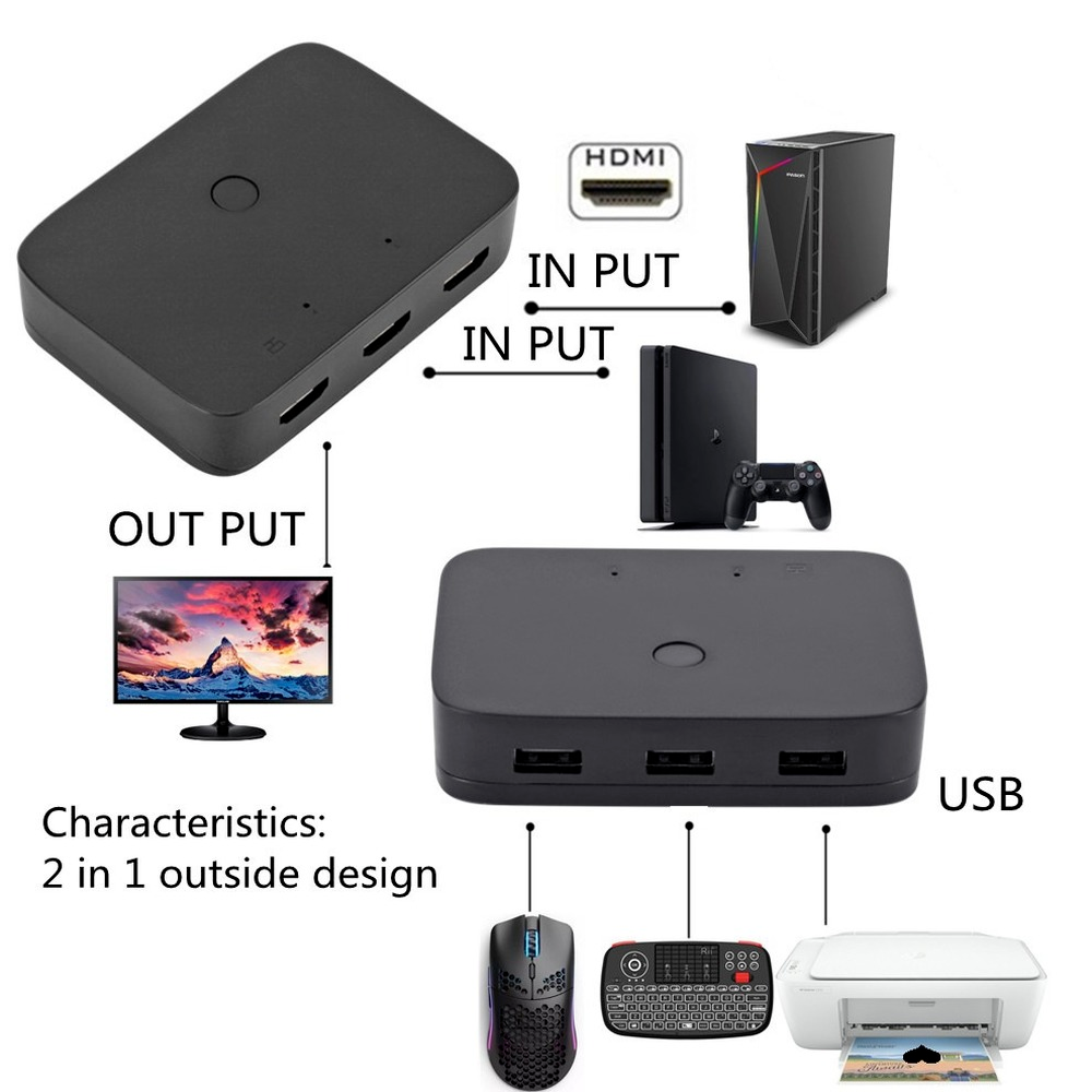 Hdmi-Compatibel Kvm Switch Switcher Splitter 2 In 1 Out 4K @ 30Hz Met USB2.0 Hub Voor pc Monitor Projector Toetsenbord Muis
