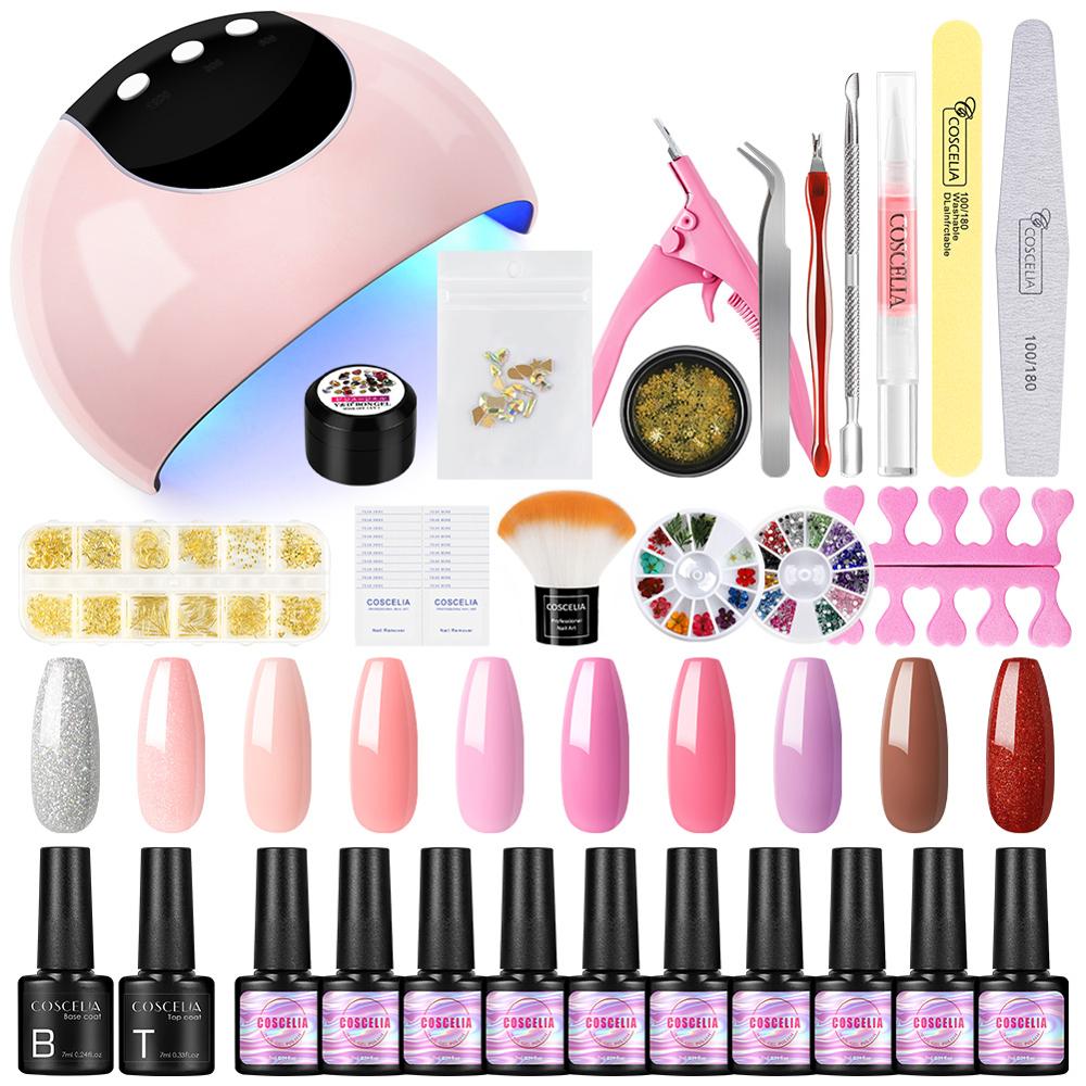 Coscelia neglesæt gel neglelak sæt med 36w uv led lampe 10/20 farver soak off manicure værktøj sæt negle kunst dekorationer: 7ml sæt b