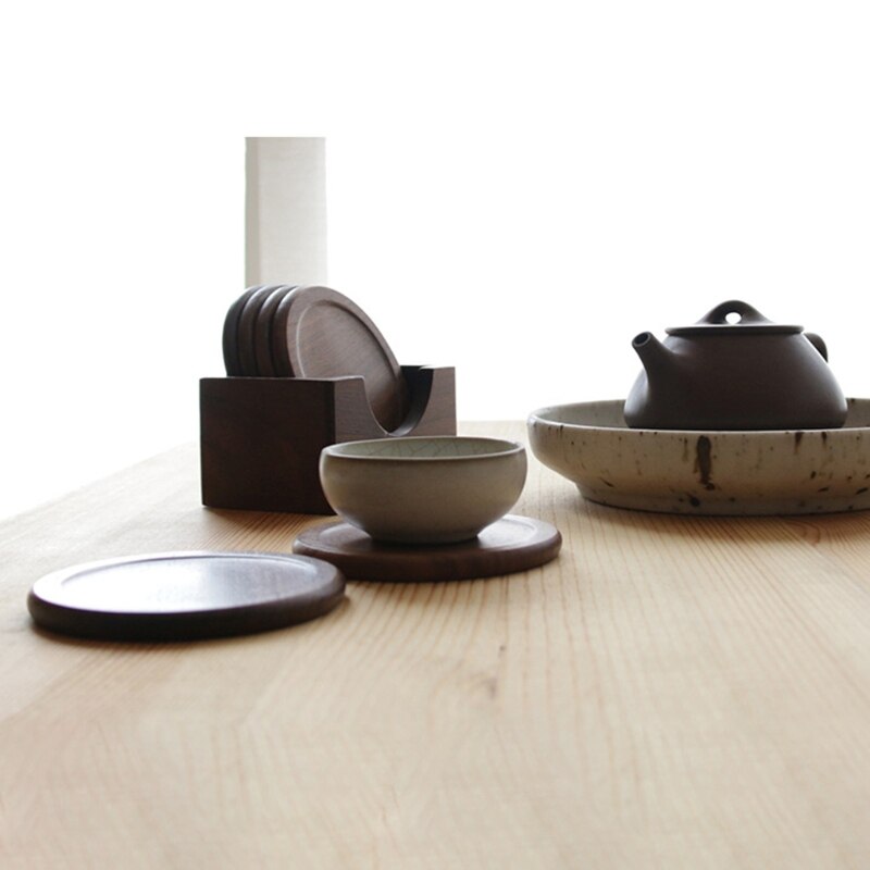 6 st/set underlägg i valnötsträdunderlägg, mattor, dekor, rund, värmebeständig, matta