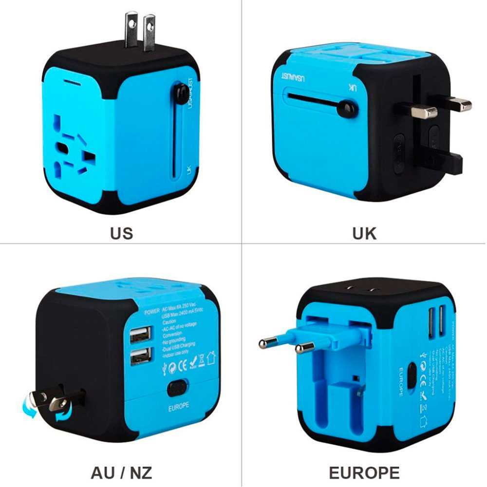 AC Multi Nation Worldwide International Power Travel Plug Adapter with 2 USB Ports US USA UK EU AU Asia Universal Blue