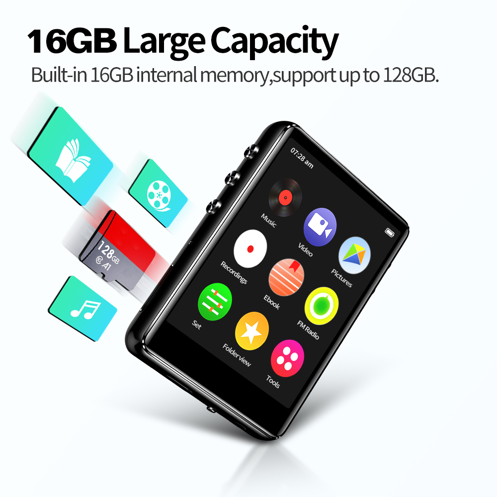 Original metal support, bluetooth 5,0 mp3 mp4 hifi music player, built-in speaker with e-book recording/fm radio/video