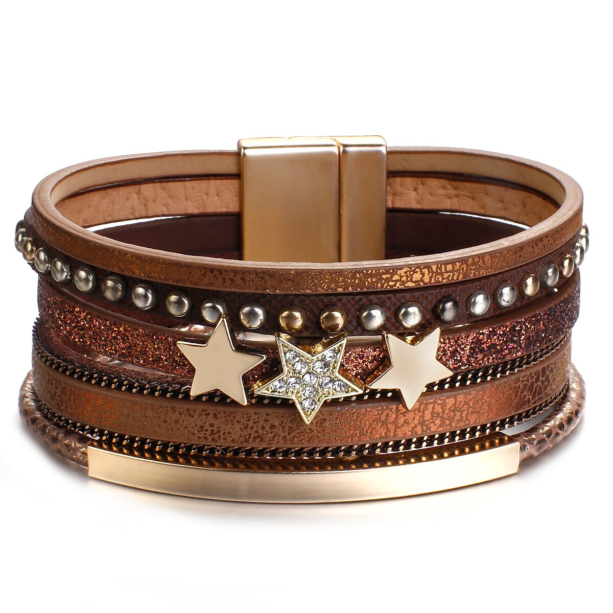 Allyes rhinestone stjerne charme læder armbånd til kvinder boho flerlags punk nitte bred wrap armbånd kvindelige smykker: Kaffe