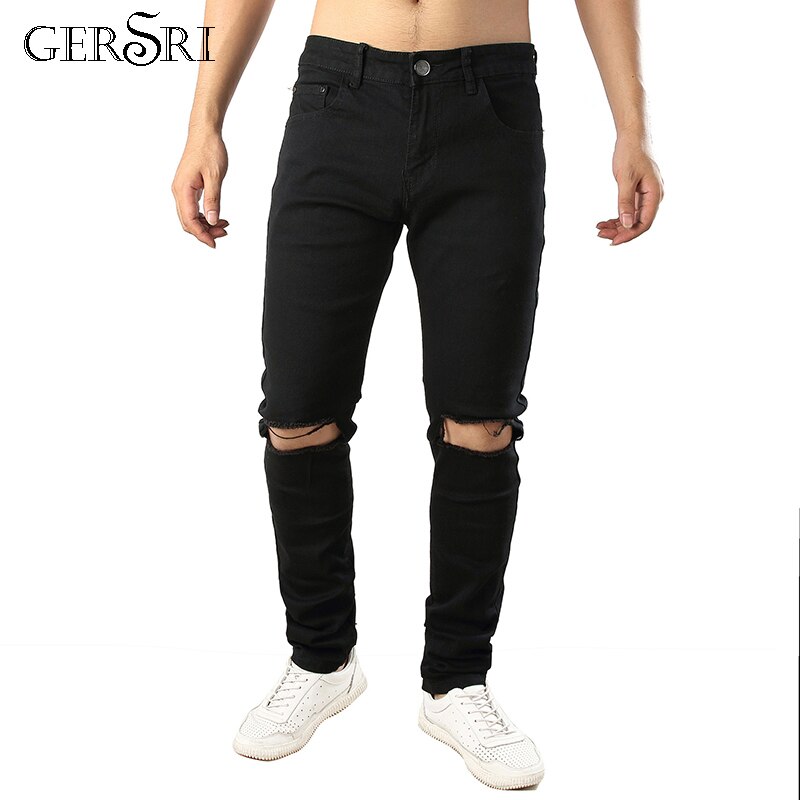 Jean slim pour hommes, pantalon noir déchiré élastique, denim décontracté, slim fit hole, hip hop, ,