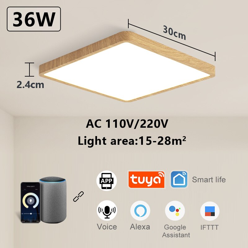 Marpou Tuya Smart Led Plafond Lamp Houtnerf App Voice Control Alexa/Google Afstandsbediening Vierkante Plafond Verlichting Living kamer: Wood grain-APP