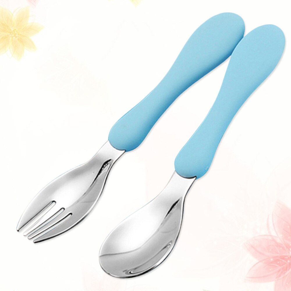 Children Spoon Portable Silicone Handle Stainless Steel Fork Safety Baby Feeding Spoon Eating Training Spork Kids Tableware(