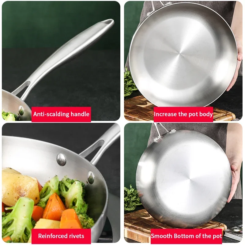 304 stekpannor i rostfritt stål, nonstick-panna stekt biffgryta obelagd köksredskap för gasspis och induktionshäll
