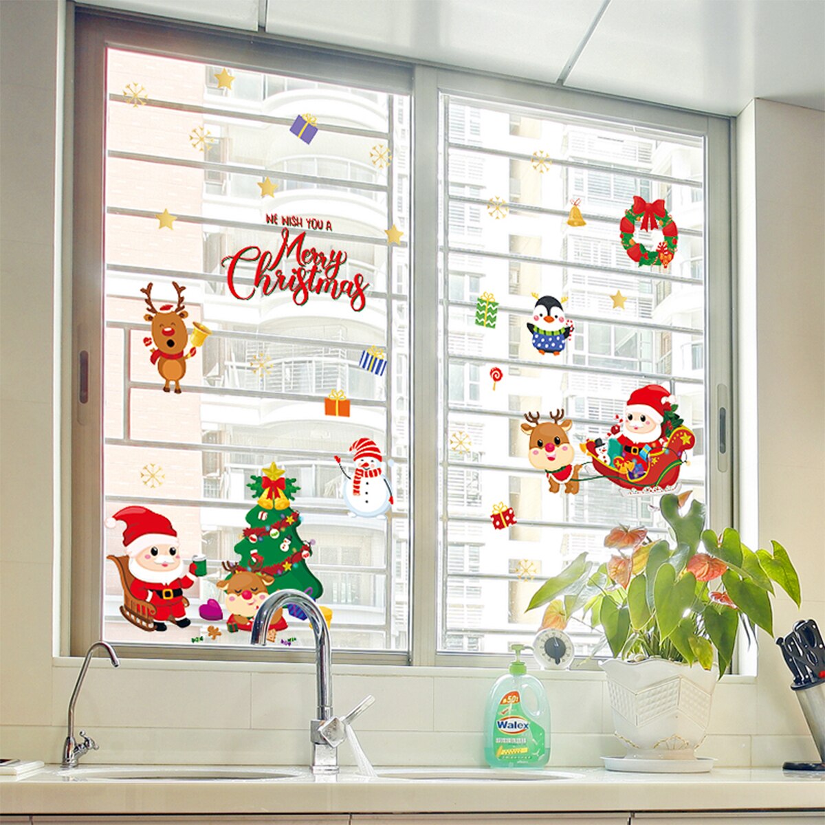 Christmas Window Clings Cute Happy Santa Snowman Reindeer Vinyl Decals Window Stickers for Home Decoration