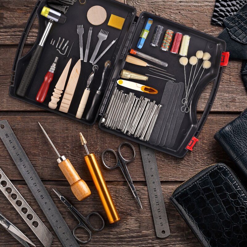128 Pcs Leather Work Tool Kit Leathercraft and Supplies with Leather Stamping Tools Rivets Kit Prong Punch for Leather Crafting