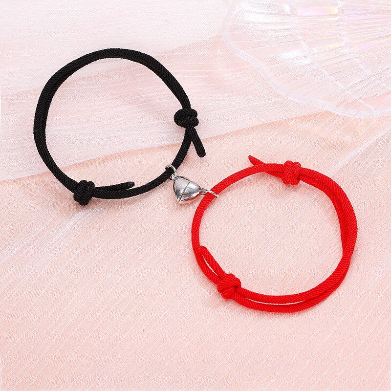 2Pcs/Set Minimalist Lovers Heart Matching Friendship Bracelet Rope Braided Couple Magnetic Distance Bracelet Kit Lover Jewelry: Black Red