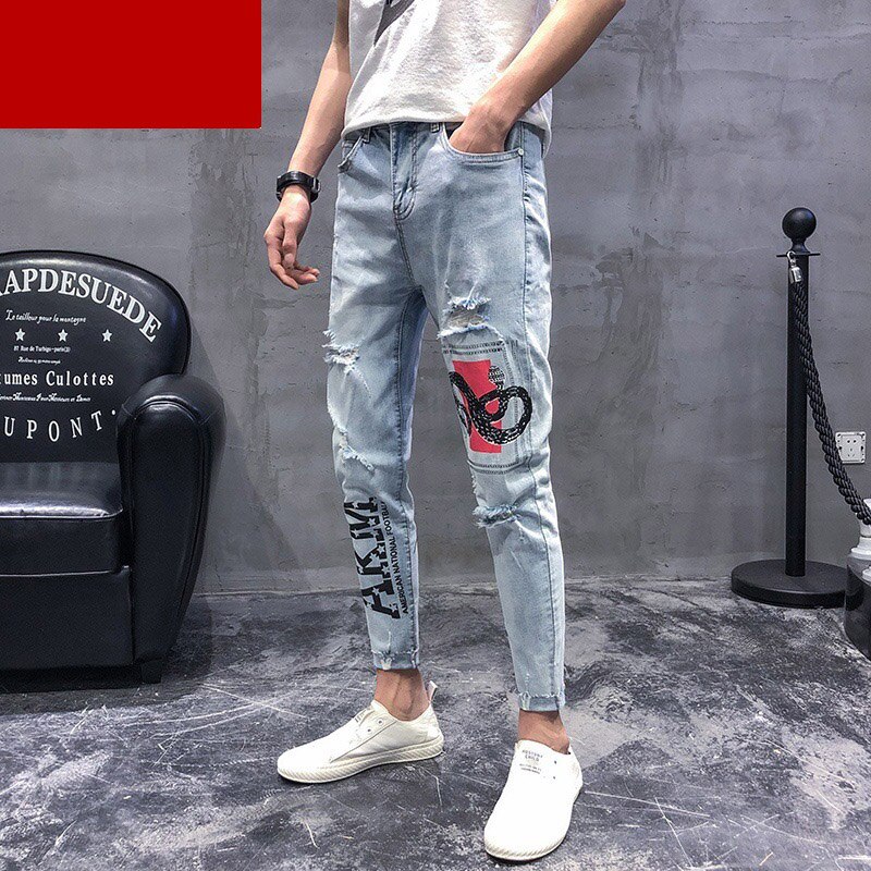 Höst slitna hål ljusblå ormtryckt hip hop street jeans herr koreanska smala tiggarfötter pennbyxor herrbyxor: 32