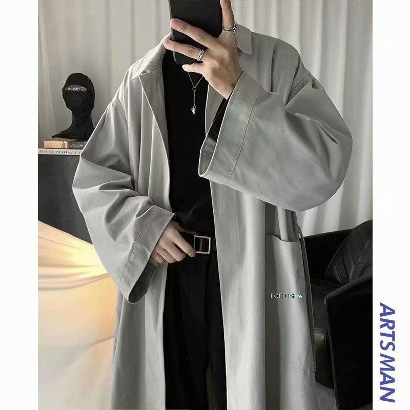 Autumn Long Black Oversized Trench Coat Men Long Sleeve Loose Dark Academia Aesthetic without Buttons 2022: Gray / XXL
