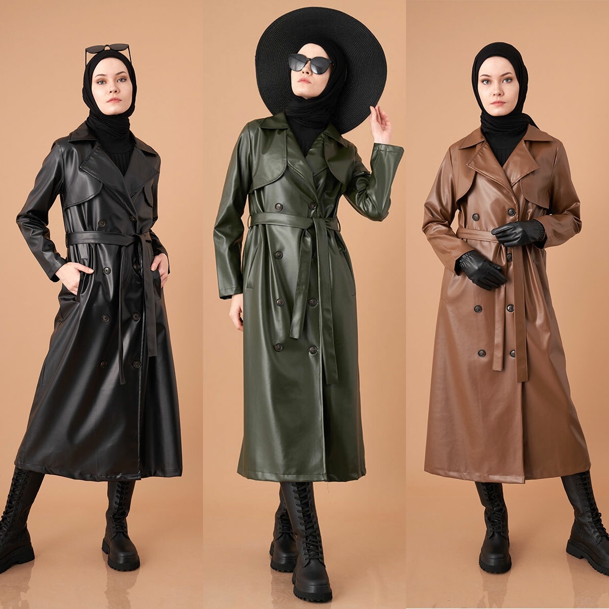 musulmana-gabardina larga de piel sintética con doble botonadura para mujer, cinturón, prendas de vestir, ropa islámica,