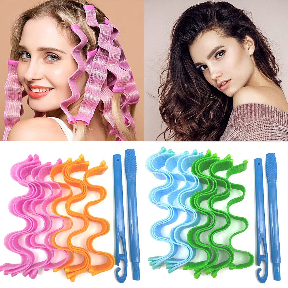 Rizadores de pelo mágicos para mujer, sin calor rodillo de pelo, ondas en espiral sin calor, belleza suave, noche, permanente, herramientas de peinado, 12 piezas