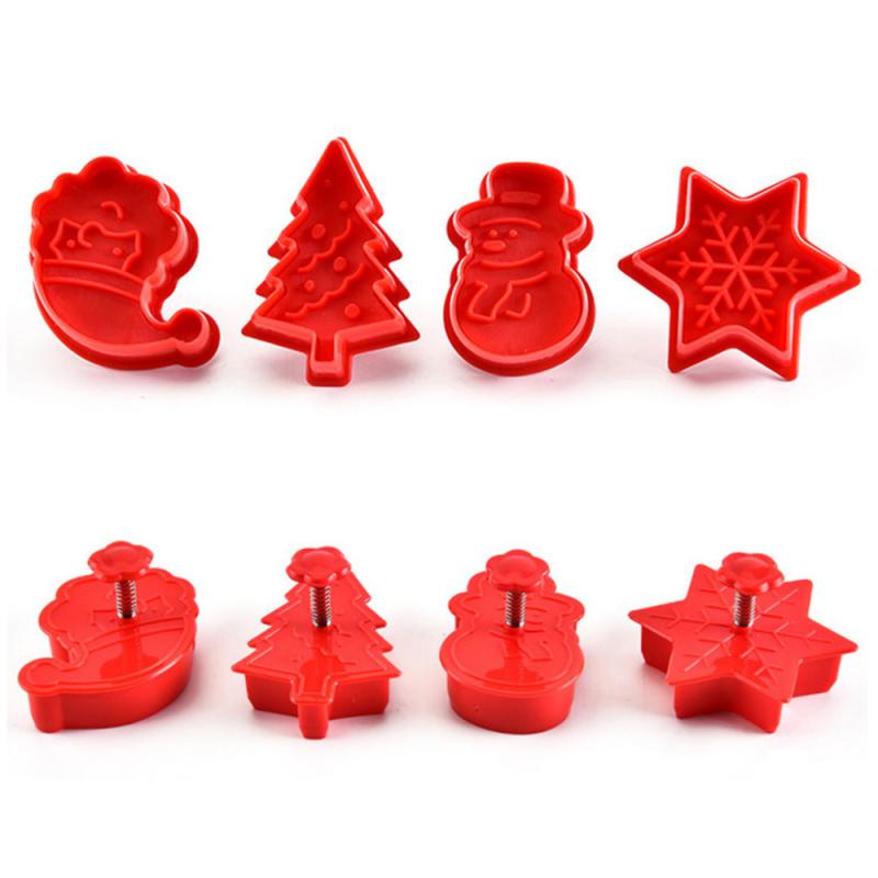 4 Stuks Leuke Bakken Biscuit Cutter Mould Cookie Stempel 3D Cookie Plunger Cutter Diy Bakvorm Kerstboom Sneeuw Cookie herbruikbare: 4pcs red