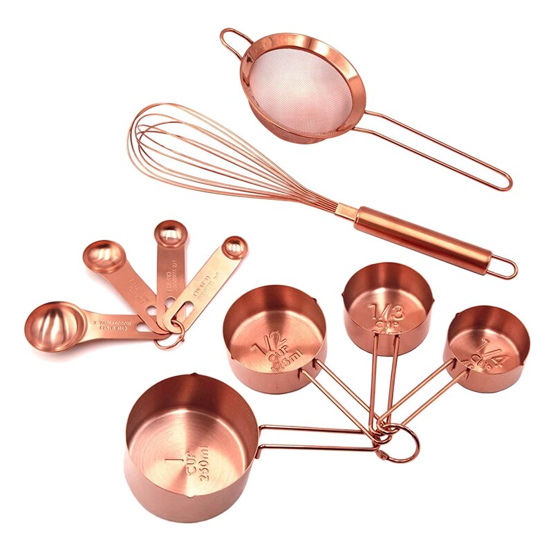 10 Piece Baking Tools Set Cooking and Baking Utensil Set Stainless Steel Measuring Cups Measuring Spoons Sets: Rose Gold
