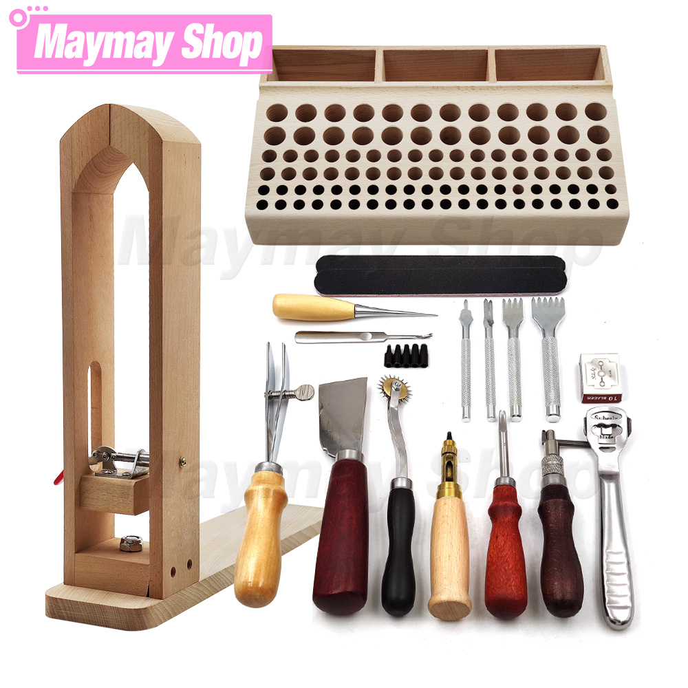 Pine Wood Leathercraft Hand Stitching Clamp Leathercraft Tool Set Kits Leather Punching Carving Saddle Groover Tools Storage DIY