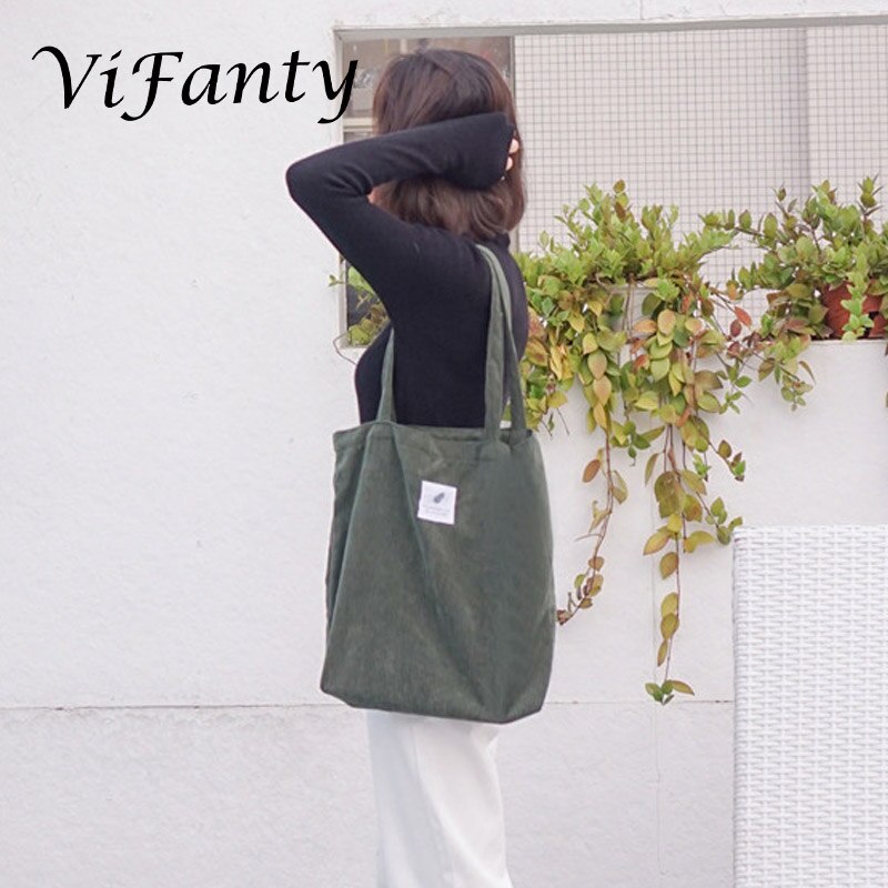 Meisjes Vrouwen Corduroy Boodschappentas Canvas Doek Schoudertas Milieu Opslag Handtas Herbruikbare Eco Grocery Totes Tas