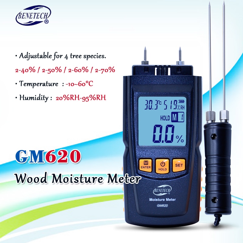 Benetech  gm620 digital lcd display træ fugtmåler 2 ~ 70%  fugt tester doulbe test sonde træ fugt detektor bærbar