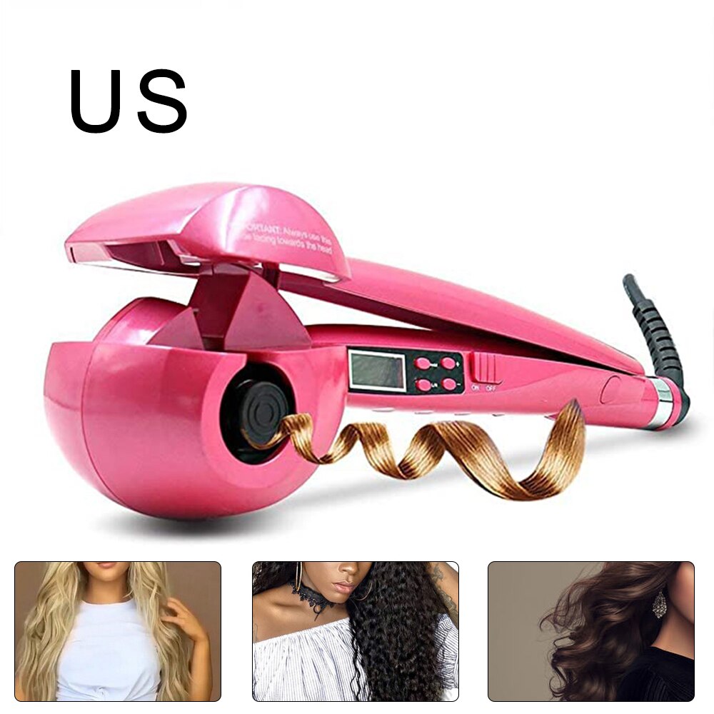 Automatic Hair Curler Magic Curling Iron LCD Screen Ceramic Heating Anti-Scald Wave Curling Iron Hair Care Styling Tool: Rose / US