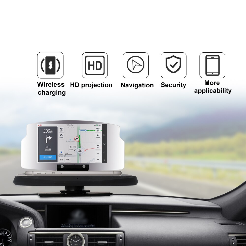 Universal Car Hud Snelheid Waarschuwing Head Up Display Gps Navigatie Projector Telefoon Houder Draadloze Oplader Voor Telefoon Auto Accessorie