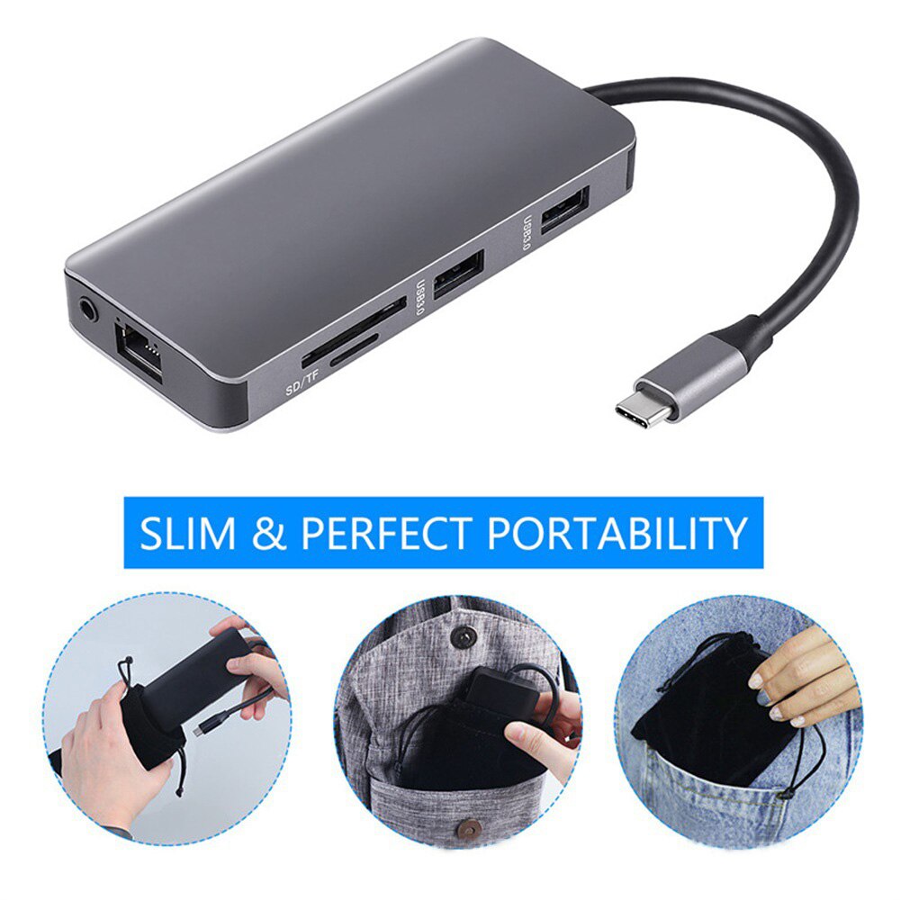 Hdmi Vga Kaartlezer Computer Netwerk 9 In 1 Kabel Concentrator Audio Poort Grey PD3.0 Adapter Usb C Hub Power output 1000Mbps