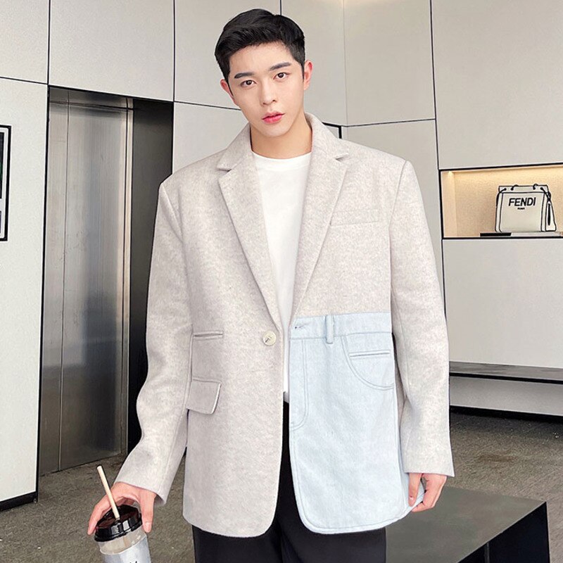 IEFB Menswear Chic Denim Spliced Woolen Blazers Loose Single Button Tweed Suit Jacket 2022 Spring Winter Clothing