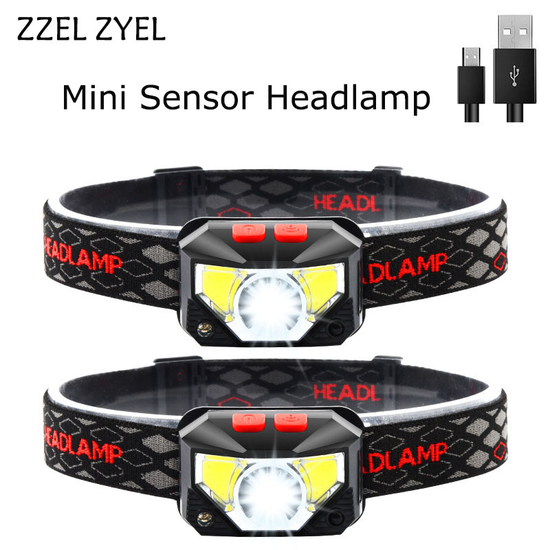 Usb genopladelig lommelygte cob led-lommelygte med sensor, pandelampe med 6 lystilstande og indbygget batteri