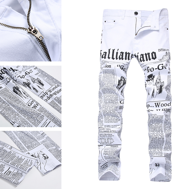 Pantalones vaqueros blancos de tendencia informal para hombre, Vaqueros rectos y delgados con estampado de periódico, elásticos