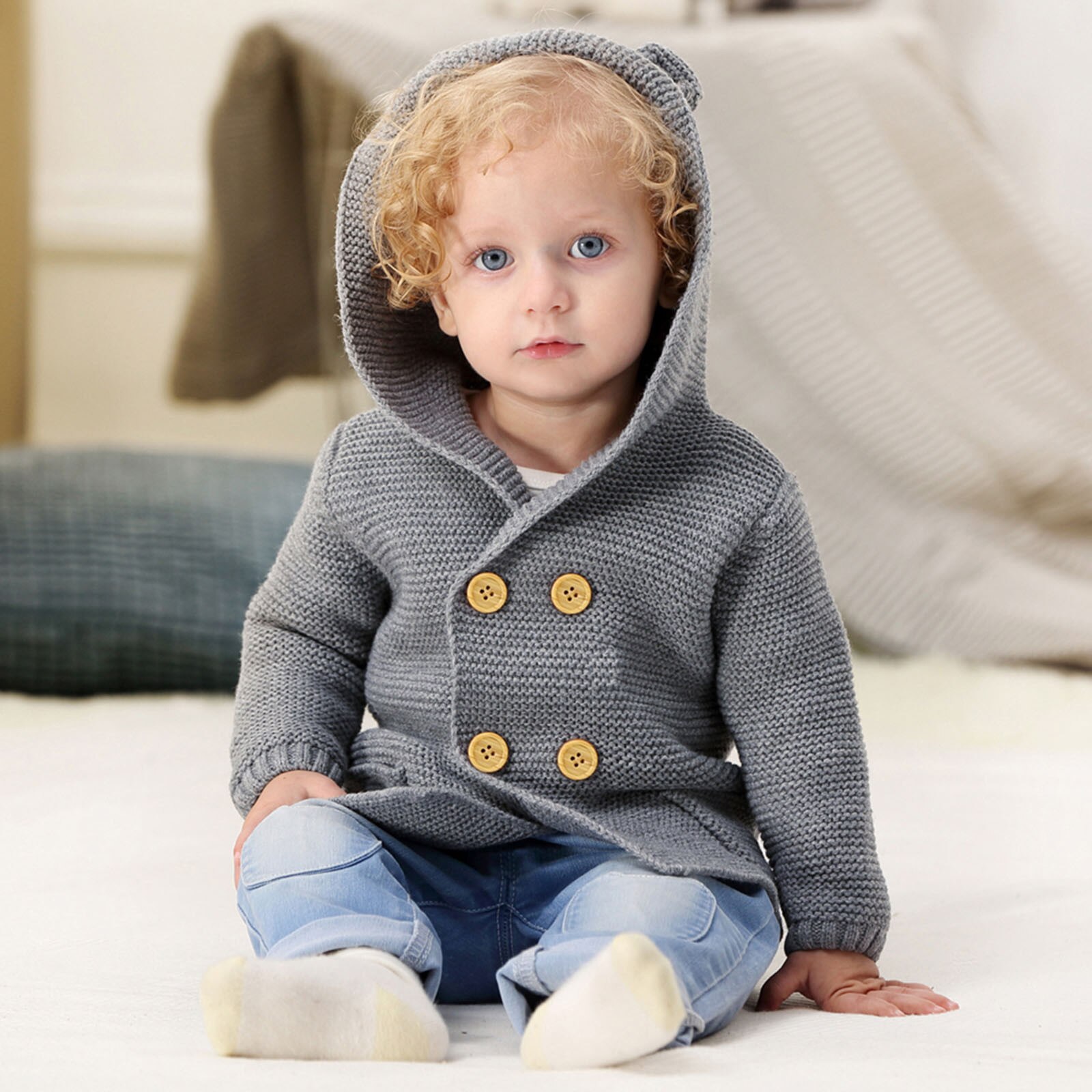 Manteau pour bébés garçons et filles, vêtements d'hiver à la , couleur unie, capuche tricotée, Double boutonnage boutonné, hauts chauds pour enfants