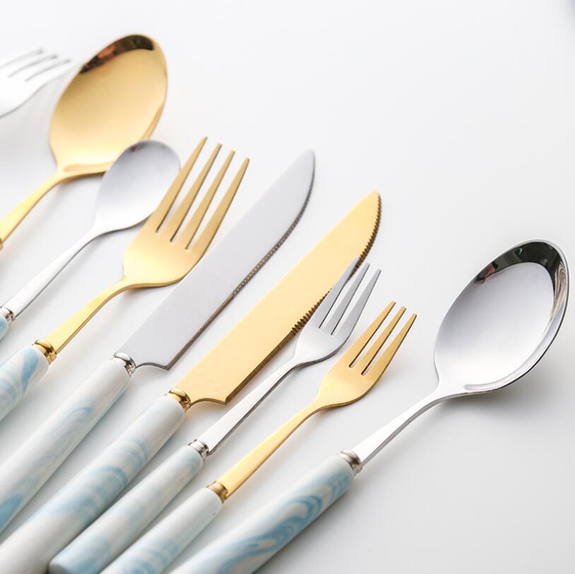 Marmer Goud Zilver Rvs Bestek Servies Steak Mes Vork Dessert Koffie Lepel Diner Vork Lepel