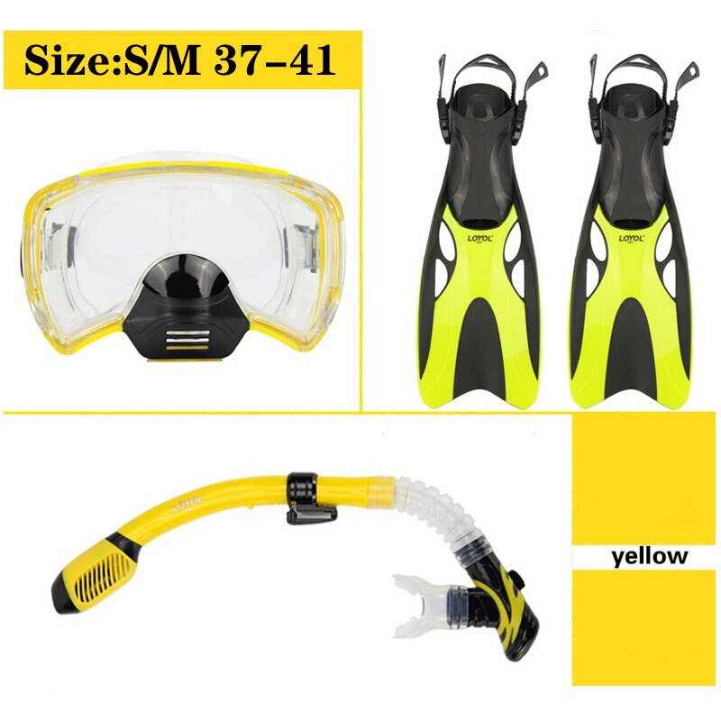 Diving Mask Diving Fins Snorkeling Tube Set Men Women Shoes Swim Glasses Adult Long Flippers Sports Equipment: Yellow Size 37-41