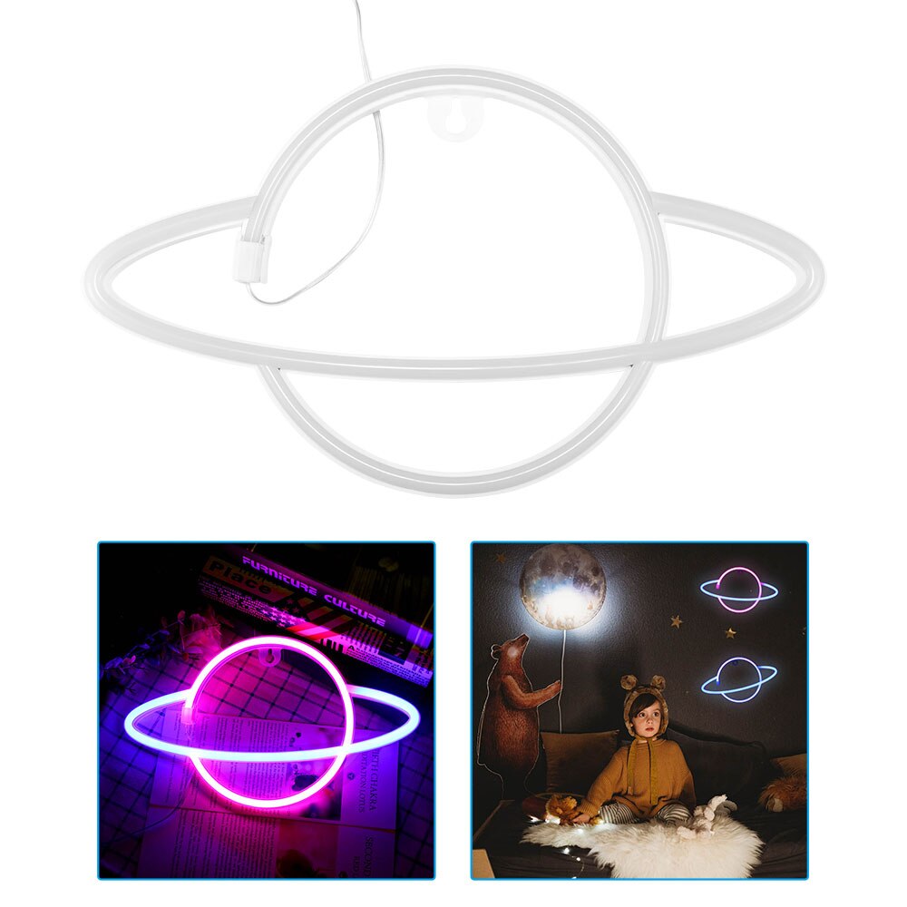 Planet led neon lysskilt julefest bryllup dekorationer børneværelse boligindretning flamingo moon planet party: Blå og lyserød