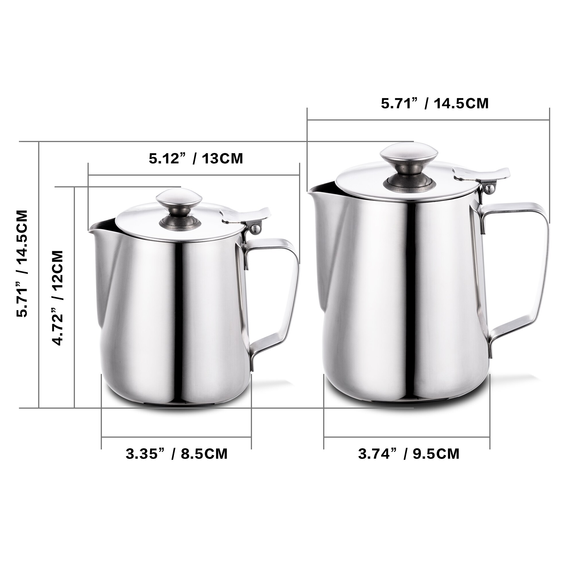 Rustfrit stål kaffekop mælkeskummende kande kande drypfri tud krus med låg flødekande kop til hjemmet cafe bar  (350 ml、 600ml)