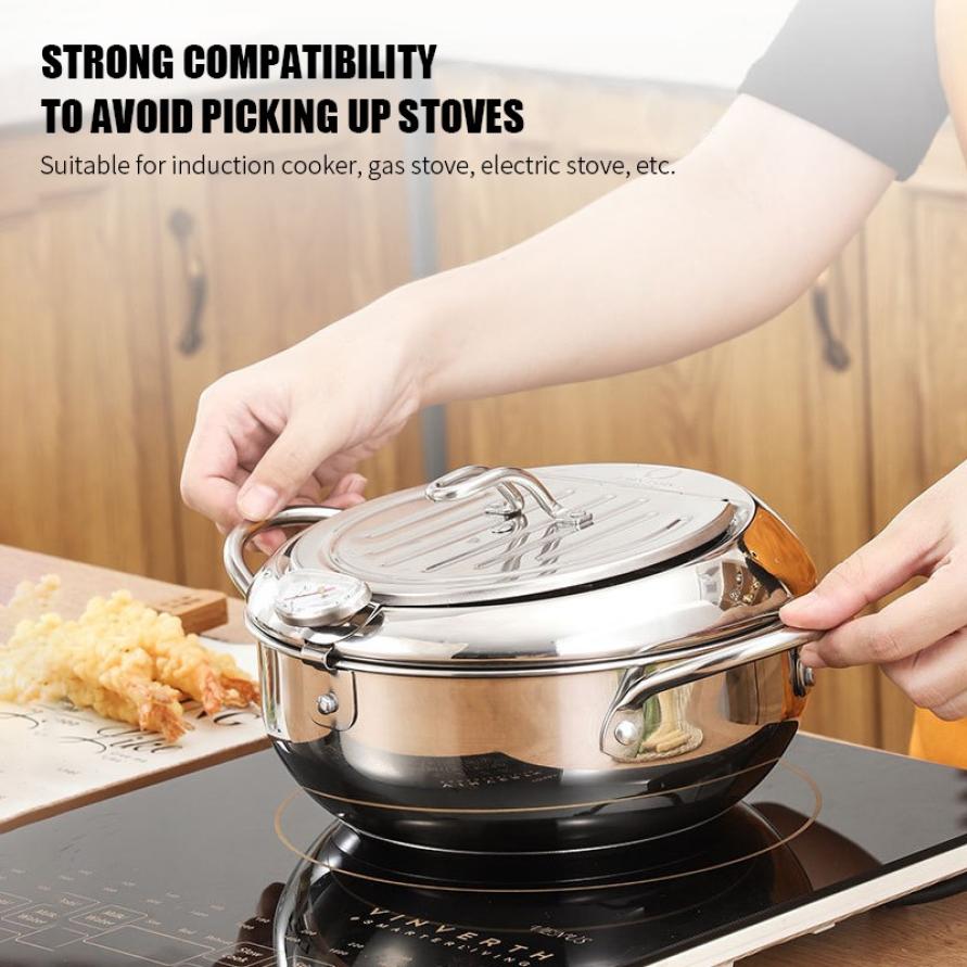 Kitchen Deep Frying Pot Stainless Steel Thermometre Tempura Fryer Pan Temperature Control Fried Chicken Pot Cooking Tools