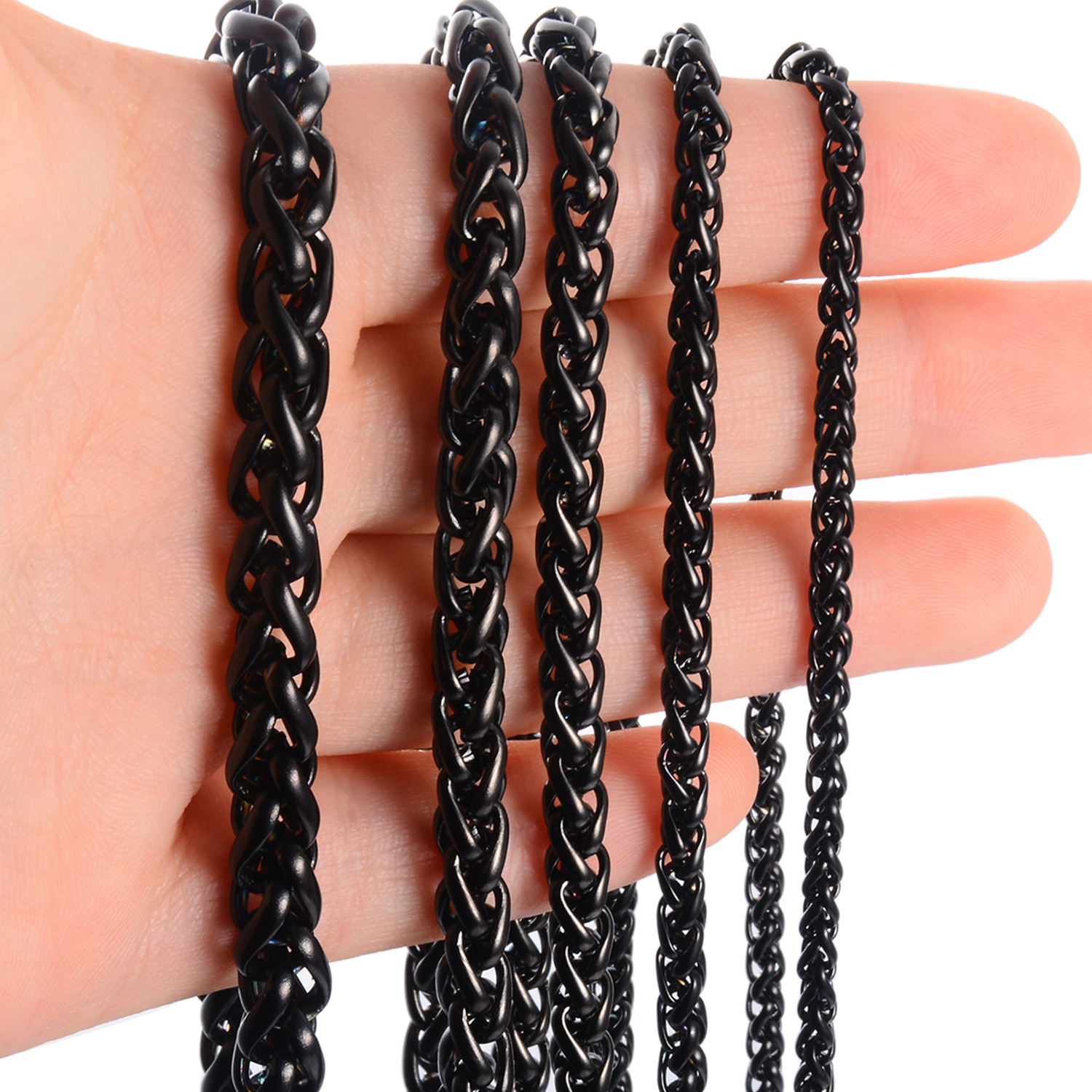 Collar de acero inoxidable trenzado de trigo de Color negro, cadena clásica de eslabones para hombres y mujeres, joyería, 3mm/4mm/5mm/6mm/7mm