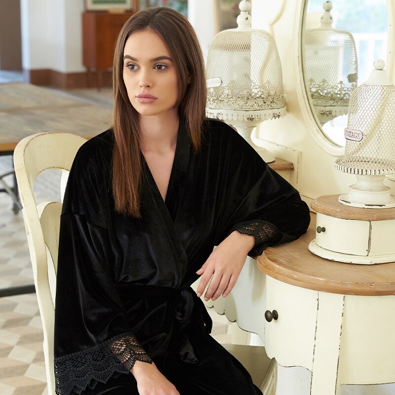 Długi jednokolorowy aksamitny szlafrok dla kobiet szata druhna szaty koronki wykończenia aksamitna szlafrok kimono suknia ślubna czarny aksamit winterrobe