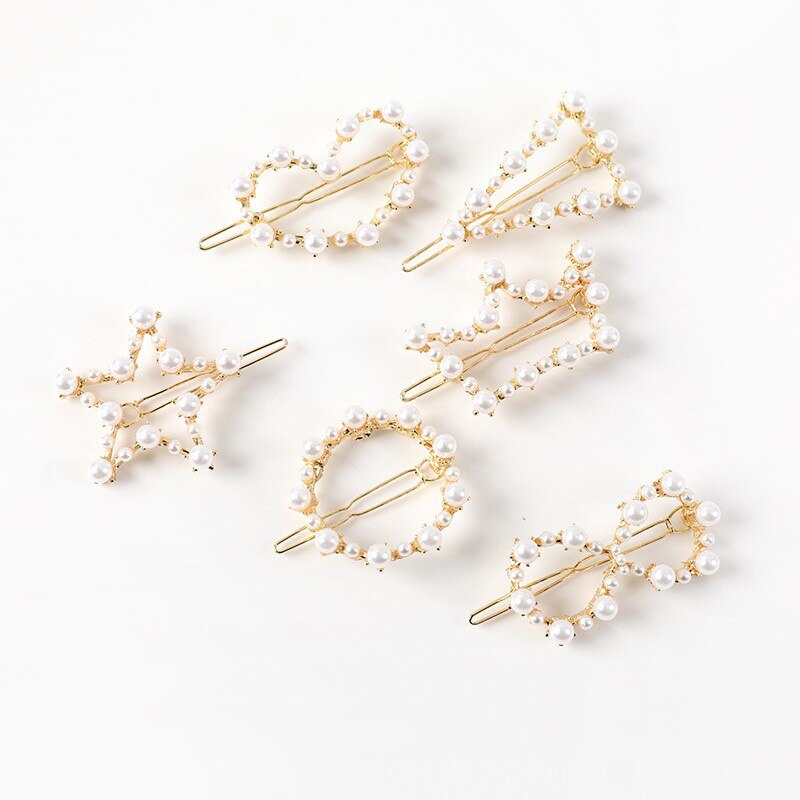 Pinza de pelo con perlas de imitación para mujer, broches de pelo hechos a mano con broche de estrella y corazón, accesorios geométricos para el cabello de Corea, 1 ud.