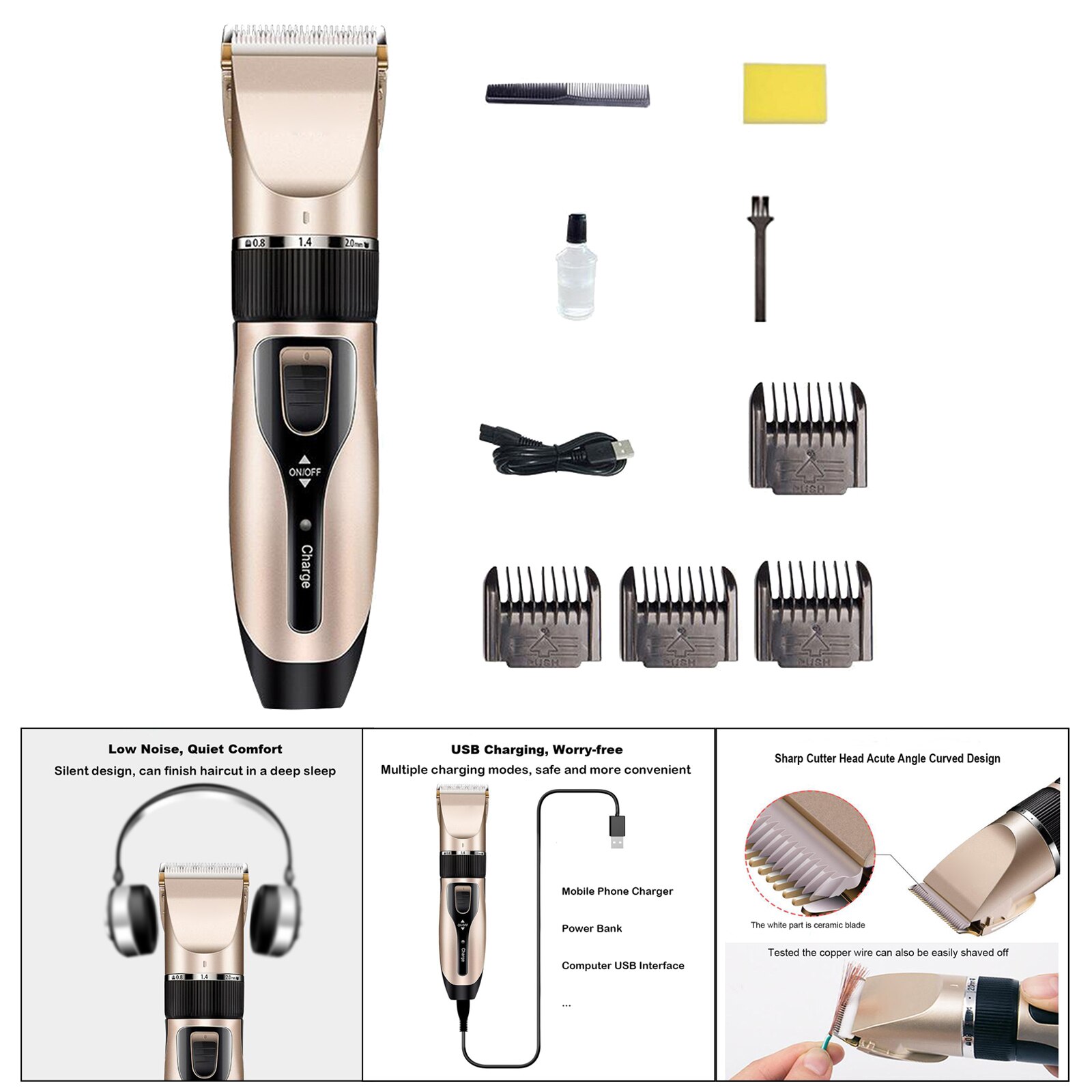 Tondeuse électrique USB à faible bruit pour barbe, Kit de coupe de cheveux avec tête en céramique