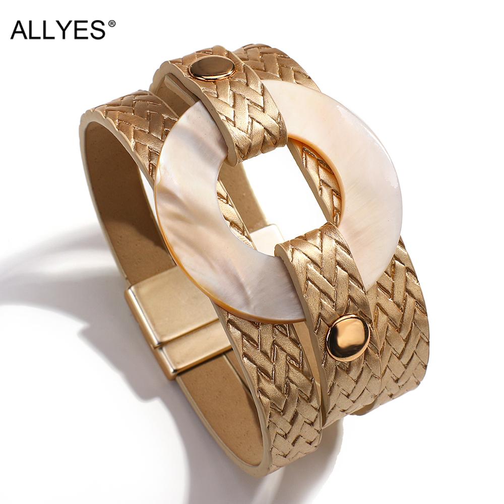 Allyes Klassieke Shell Bedels Gevlochten Lederen Armband Voor Vrouw Multilayer Wrap Armbanden Casual Sieraden